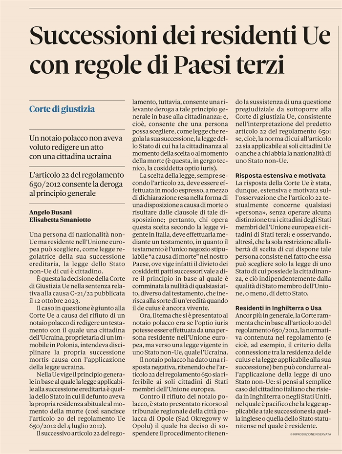 SUCCESSIONE DI PERSONA NON-UE - Può scegliere la legge UE