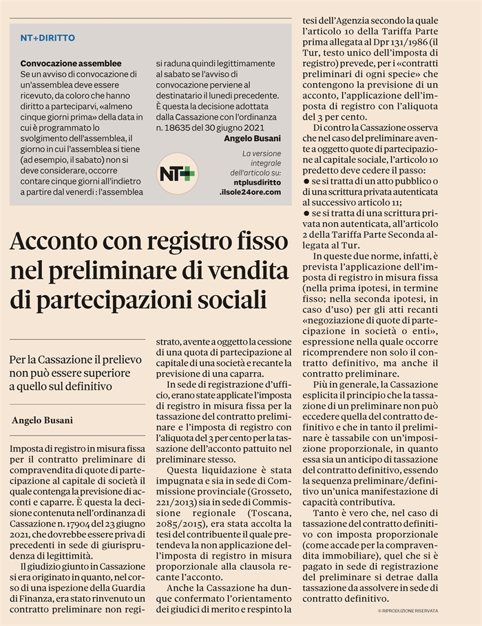 PRELIMINARE DI VENDITA DI AZIONI O QUOTE - Imposta di registro fissa