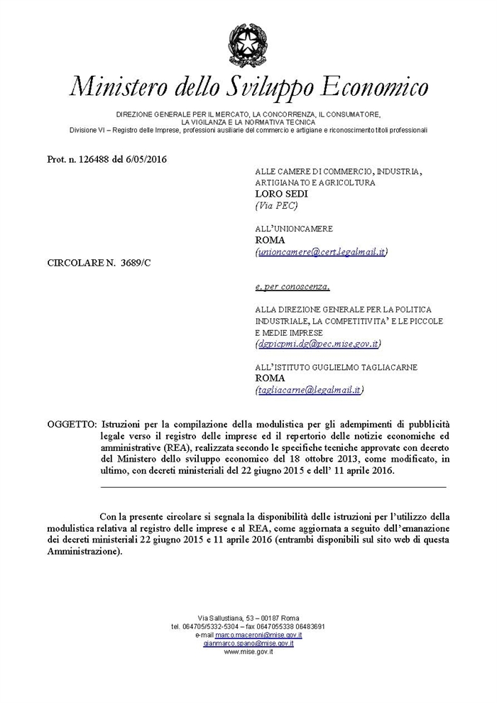 SOCIETA' - Circolare Mise recante istruzioni per il Registro Imprese