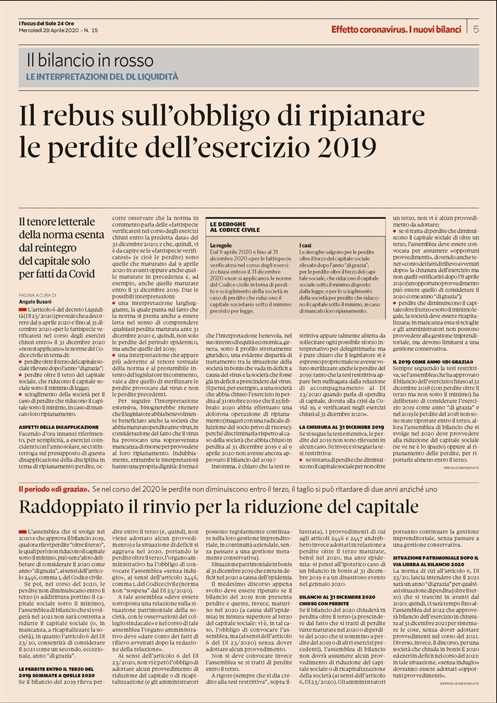 SOCIETA' - Rimandato al 2021 il ripianamento delle perdite