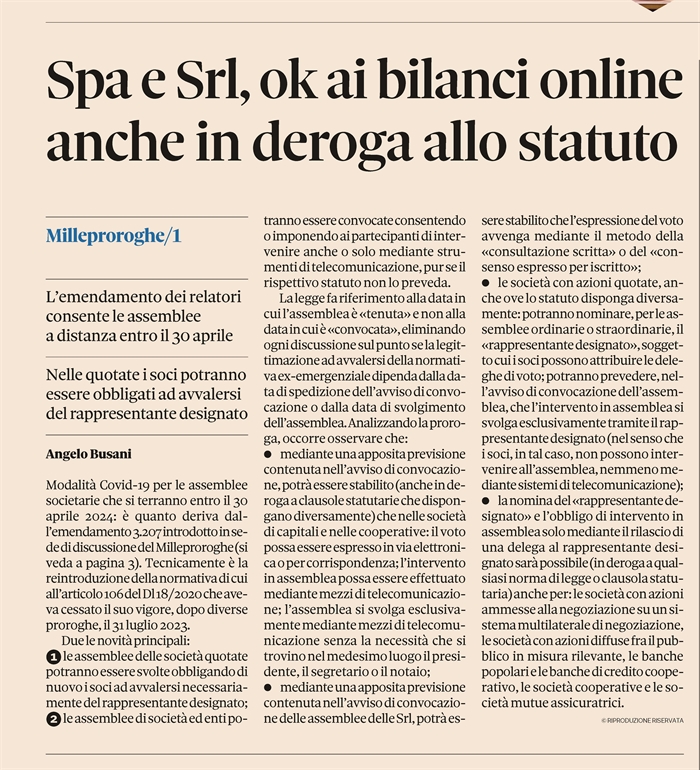 SOCIETA' - Assemblee in "modalità Covid-19" fino al 30 aprile 2024