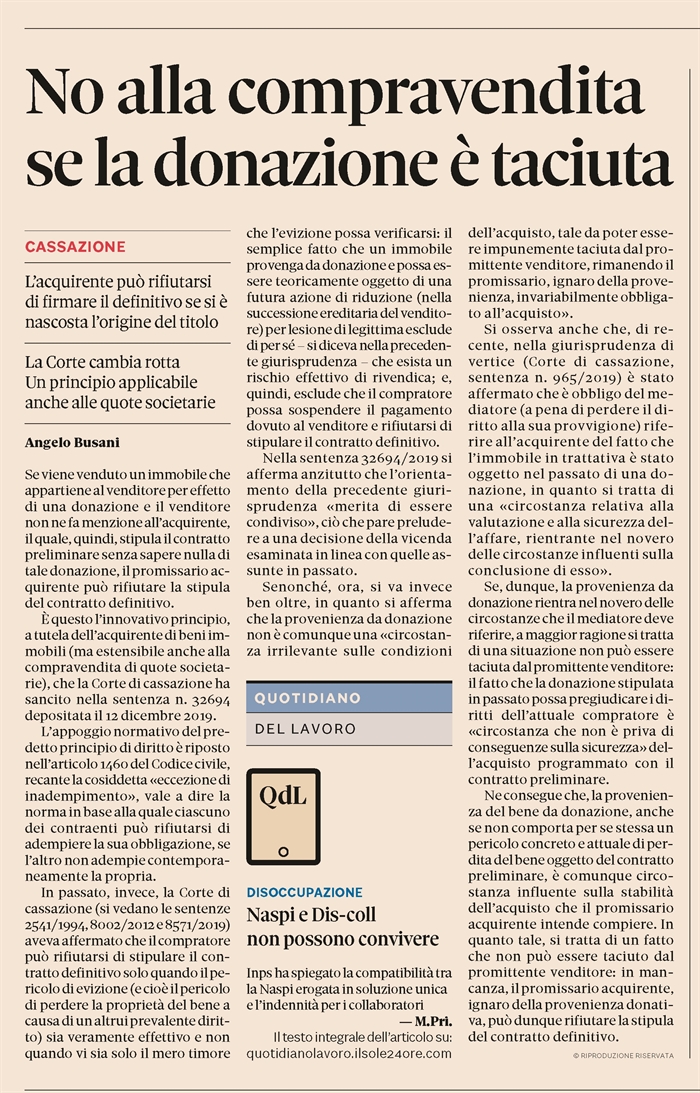 COMPRAVENDITA - Il venditore non può tacere che la casa gli è stata donata