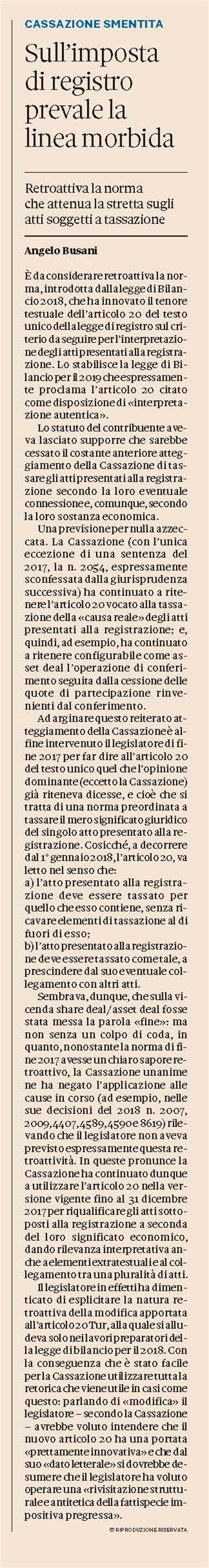 IMPOSTA DI REGISTRO - Legge di Bilancio 2019 - E' retroattiva la modifica dell'art. 20 TUR