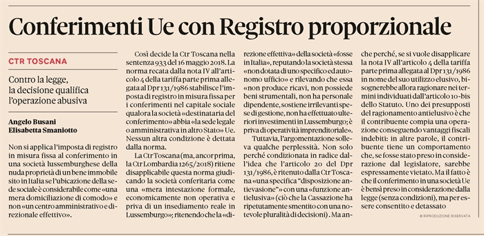 IMPOSTA DI REGISTRO - Conferimento di immobile italiano in società UE