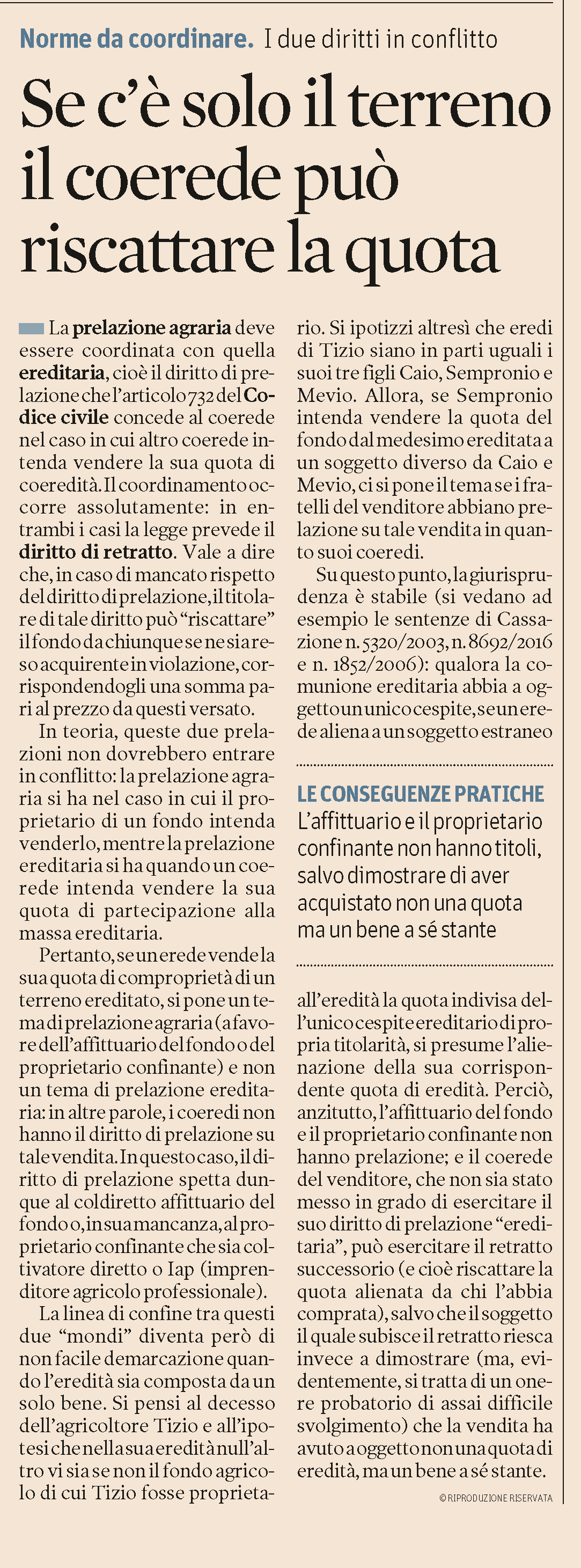 COMPRAVENDITA - Coordinamento tra prelazione agraria e ...