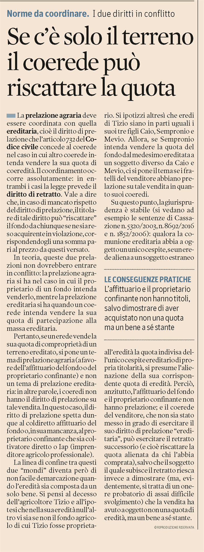 COMPRAVENDITA - Coordinamento tra prelazione agraria e prelazione ereditaria