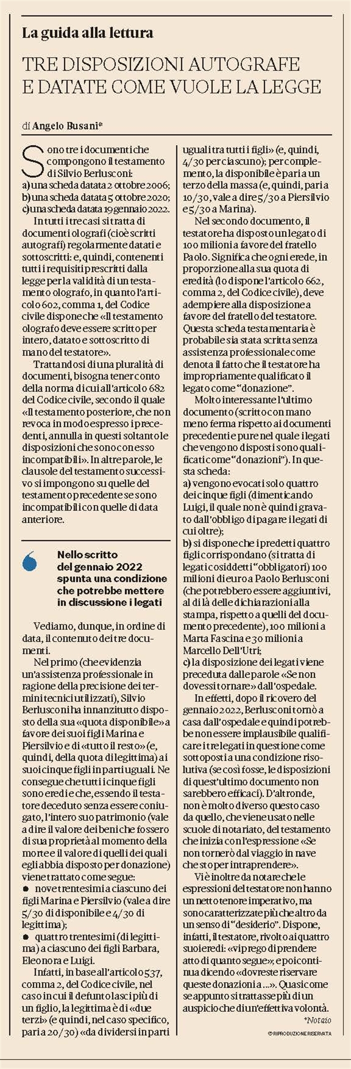 L'EREDITA' DI BERLUSCONI - 1) L'analisi del testamento