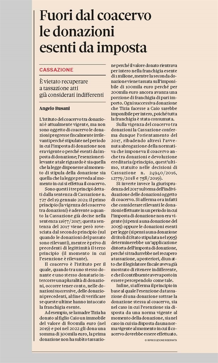 IMPOSTA DI DONAZIONE - No al coacervo delle donazioni non tassate