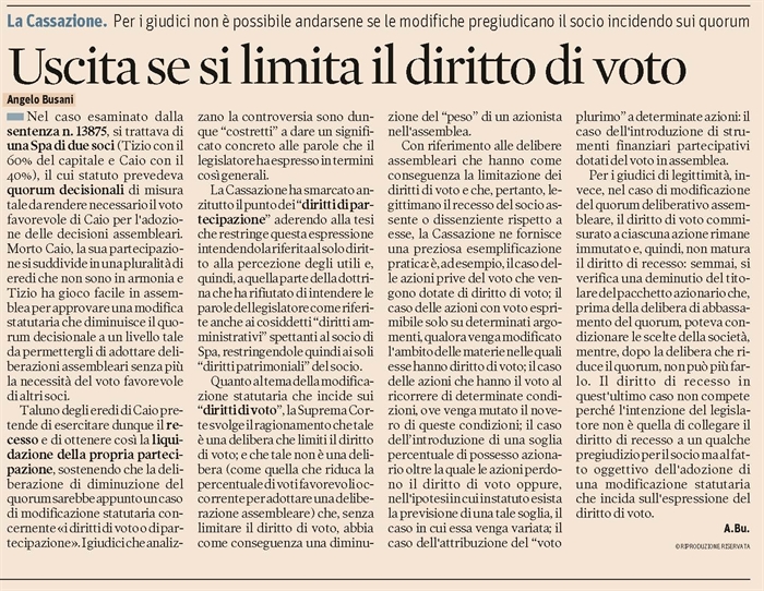 SOCIETA' - Quando la modifica dei "diritti di partecipazione" dà recesso al socio non consenziente