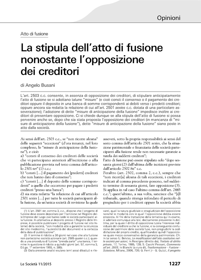 SOCIETA' - Atto di fusione e opposizione dei creditori