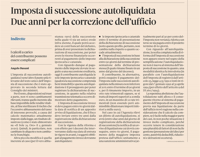 IMPOSTA DI SUCCESSIONE - Le principali novità della legge di riforma