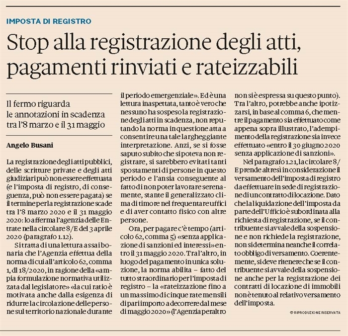 IMPOSTA DI REGISTRO - Registrazione degli atti sospesa a causa dell'epidemia