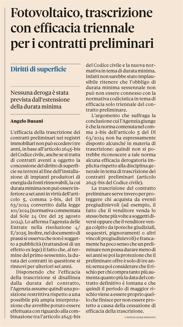 CONTRATTO PRELIMINARE FOTOVOLTAICI - Trascrizione efficace solo per 3 anni