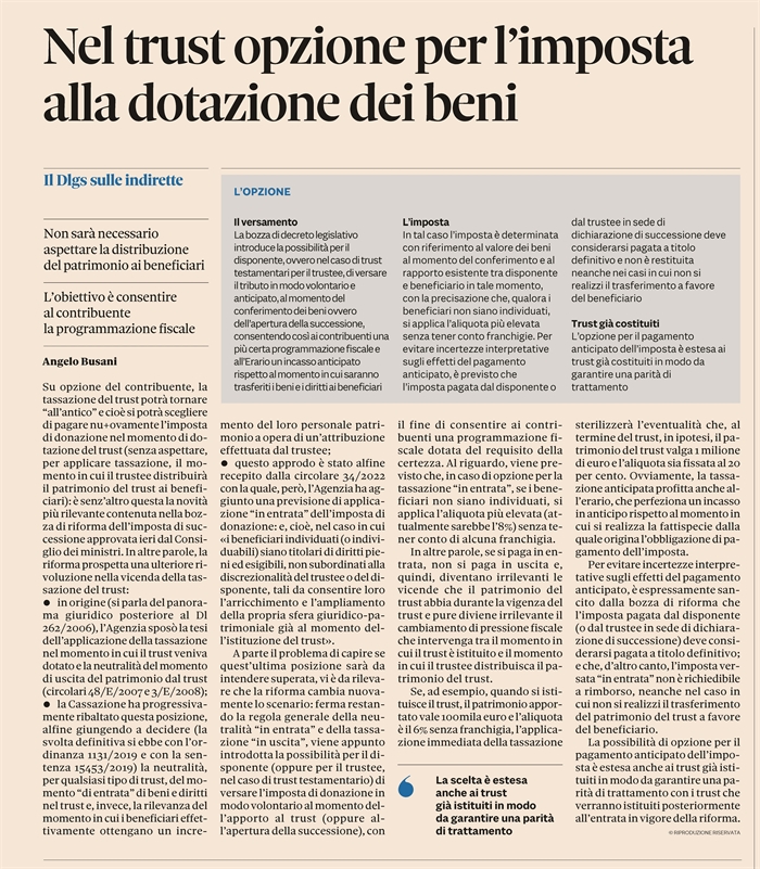 RIFORMA IMPOSTA DONAZIONE - L'opzione per tassare il trust "in entrata" (pagina)