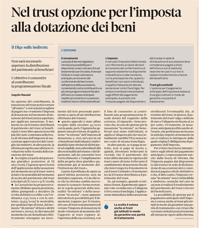 RIFORMA IMPOSTA DONAZIONE - L'opzione per tassare il trust "in entrata" (pagina)