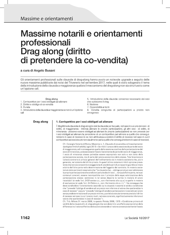 SOCIETA' - Orientamenti professionali sul Drag Along (clausole di trascinamento)