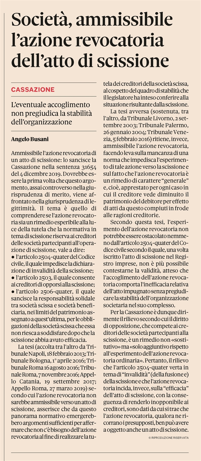 SOCIETA' - Azione revocatoria verso l'atto di scissione