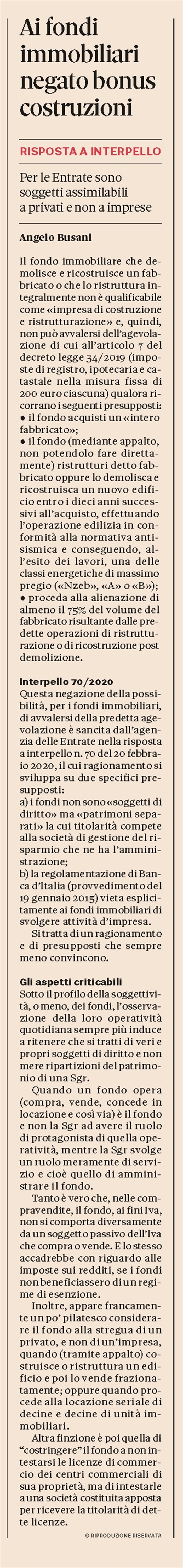 AGEVOLAZIONE RISTRUTTURA E VENDI - Il fondo immobiliare non è un'impresa