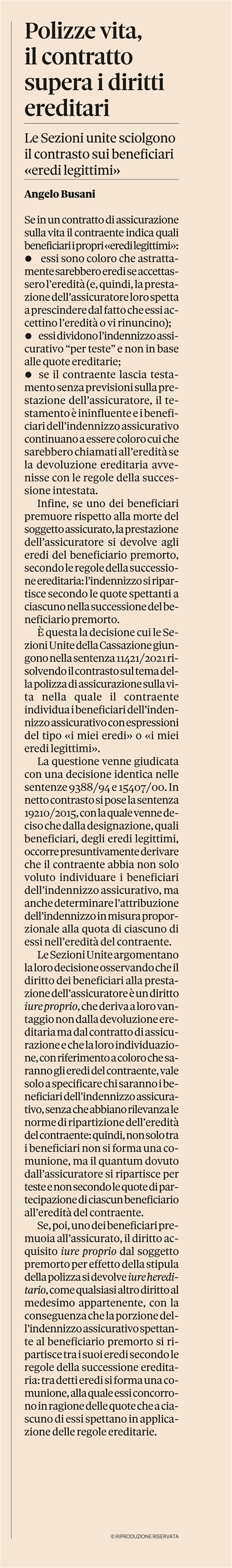 POLIZZA VITA - L'identificazione dei beneficiari con gli "eredi" 