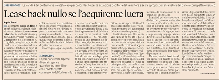 LEASING - Nullo il lease back quando viola il divieto di patto commissorio 