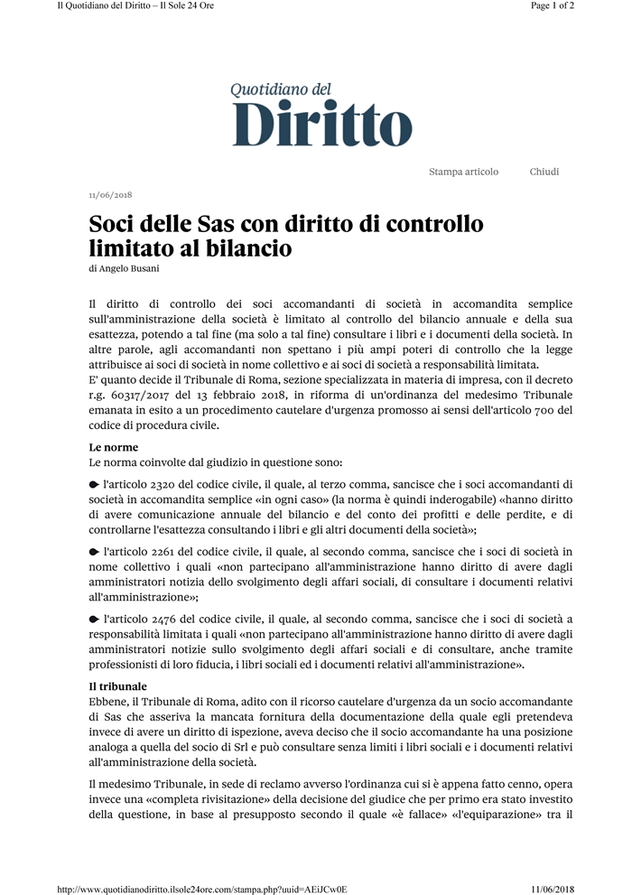SOCIETA ' - Diritto di controllo dei soci accomandanti
