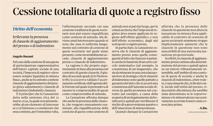 IMPOSTA DI REGISTRO - Cessione del 100% del capitale di Srl
