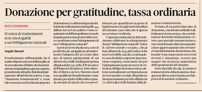 DONAZIONE - L'imposta applicabile alla donazione remuneratoria