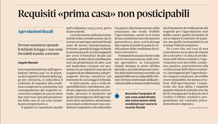 PRIMA CASA - Niente agevolazione sotto condizione sospensiva