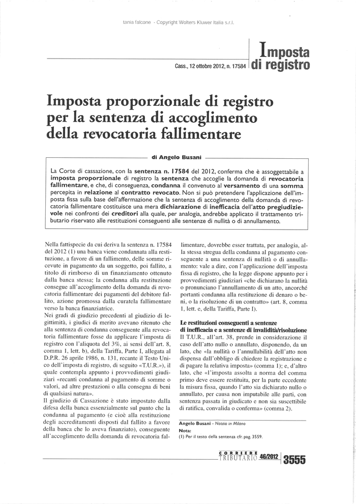 IMPOSTE - Sentenza di revocatoria fallimentare
