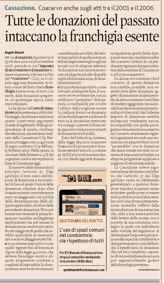 DONAZIONI - Coacervo delle donazioni stipulate nel periodo 2001-2006