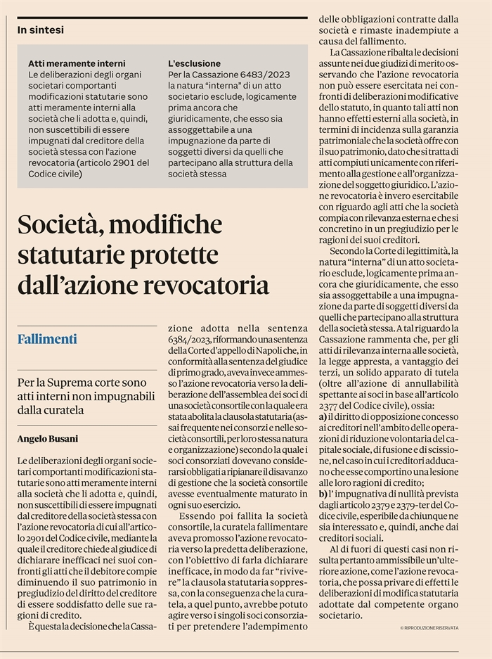 SOCIETA' - Azione revocatoria contro le delibere assembleari