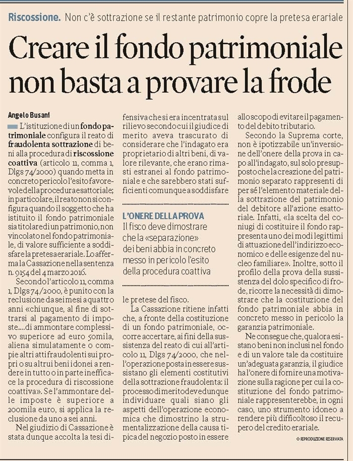 TUTELA DEL PATRIMONIO - Fondo patrimoniale e sottrazione fraudolenta di beni al fisco