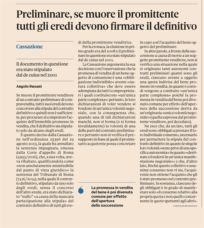 COMPRAVENDITA - Muore un contraente dopo il preliminare