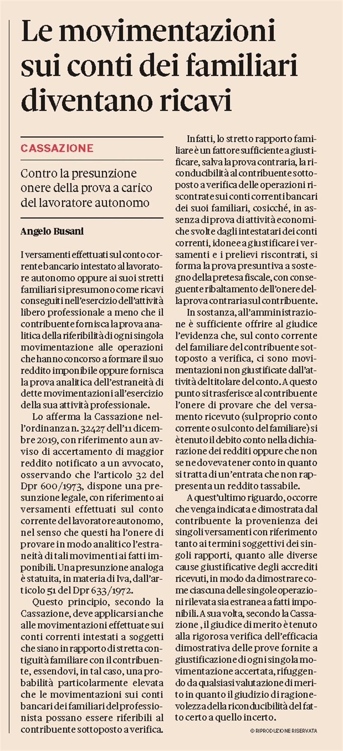IMPOSTE SUI REDDITI - Sono ricavi i versamenti sul c/c del professionista o di suoi familiari