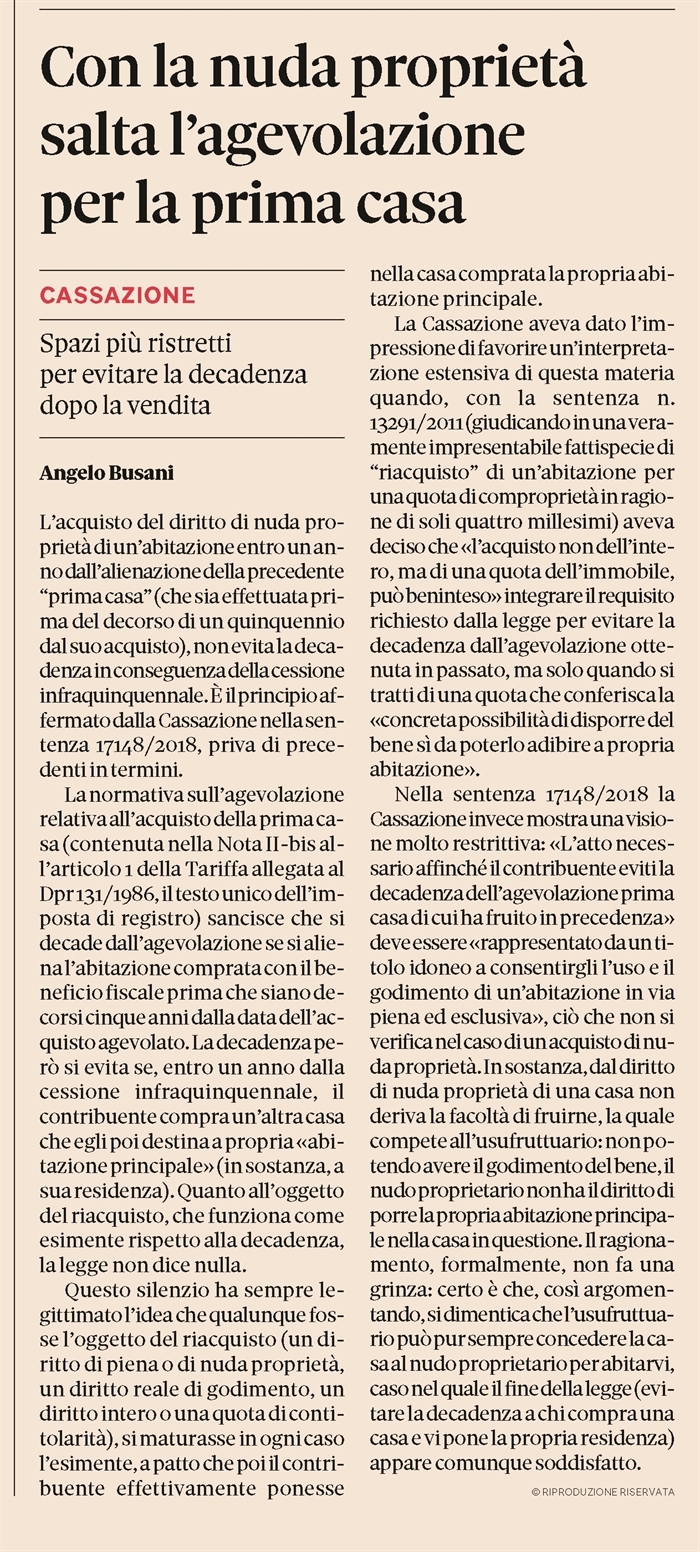 COMPRAVENDITA - L'acquisto della nuda proprietà non evita la decadenza dell'agevolazione "prima casa"