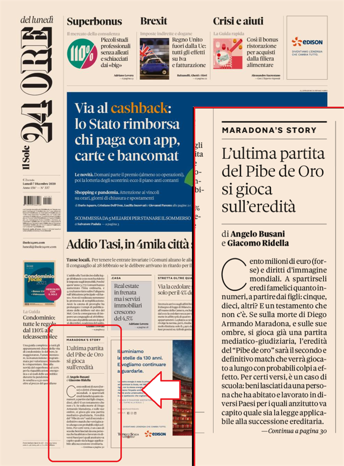 L'EREDITA' DI MARADONA in prima pagina sul Sole 24 Ore del 7.12.2020