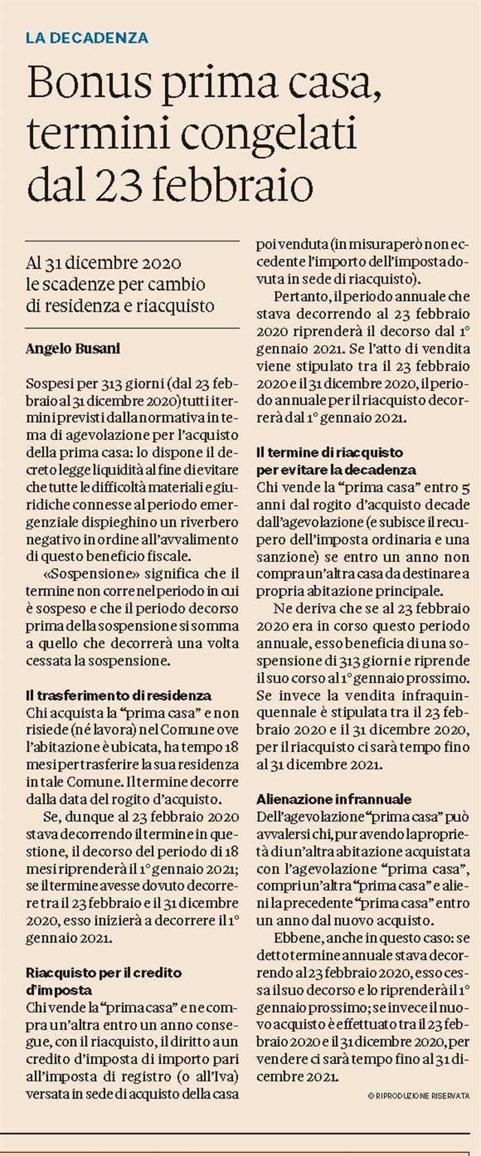 AGEVOLAZIONE PRIMA CASA -Termini spostati avanti di un anno