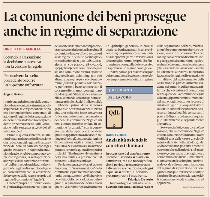 COMUNIONE LEGALE DEI BENI - Rimane la comunione anche dopo aver adottato la separazione dei beni