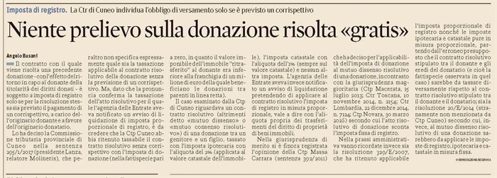 DONAZIONE - Imposta di registro per il contratto risolutivo della donazione