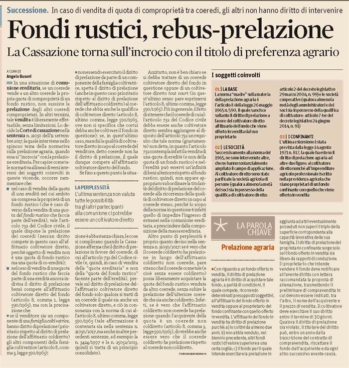 COMPRAVENDITA - Prelazione agraria - Vendita di quota tra coeredi