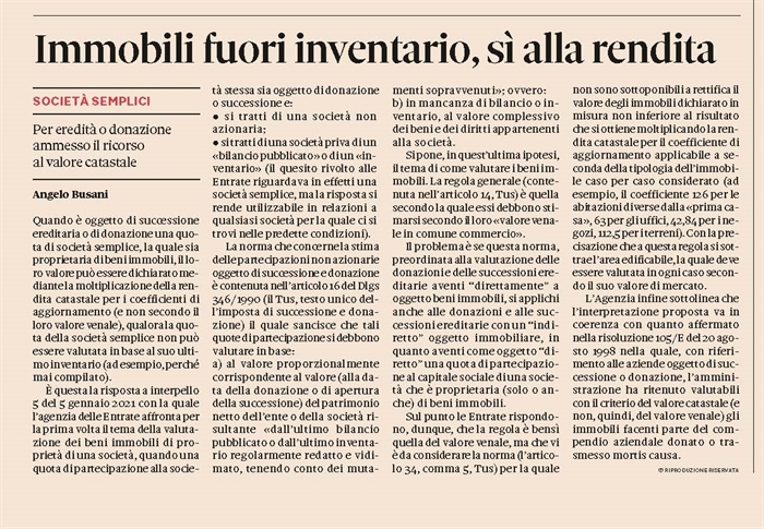 SOCIETA' SEMPLICE - Valutazione degli immobili in caso di successione mortis causa