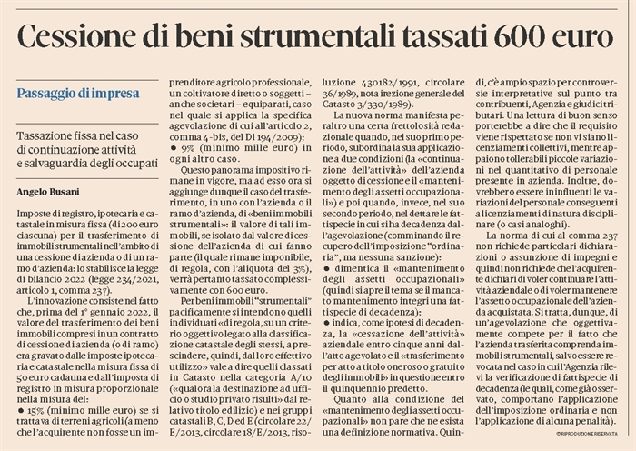 SOCIETA' - Cessione di immobili aziendali con imposte fisse