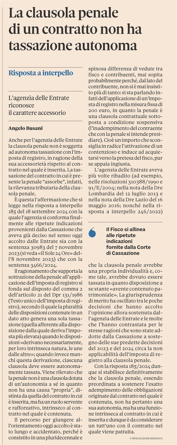 CLAUSOLA PENALE - Non si applica l'imposta di registro