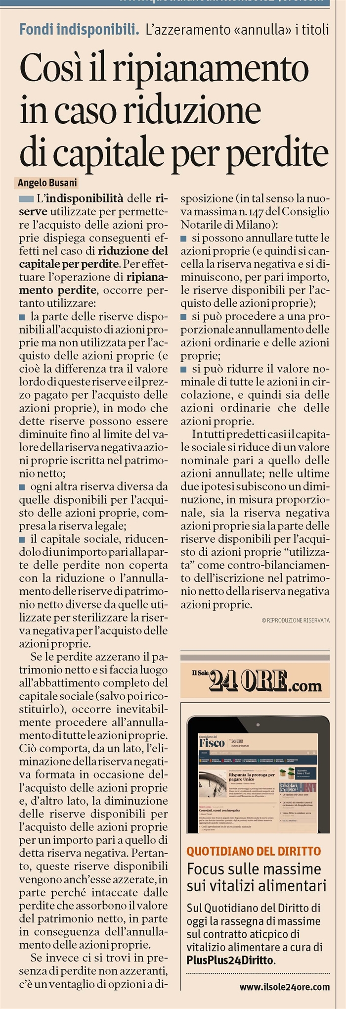 SOCIETA' - Azioni proprie - riduzione del capitale per perdite