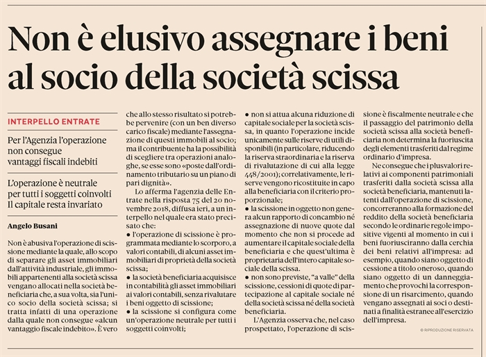 SOCIETA - Non elusiva la scissione per separare gli immobili dall'attività industriale