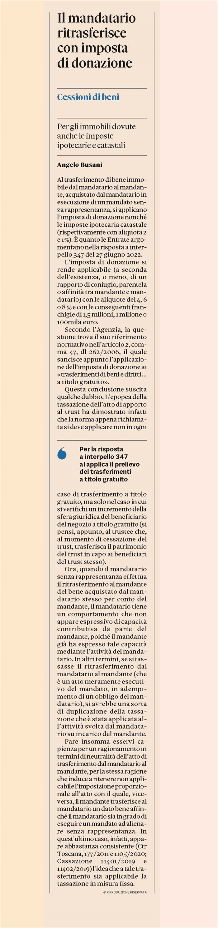 IMPOSTA DI DONAZIONE - Per il trasferimento dal mandatario al mandante