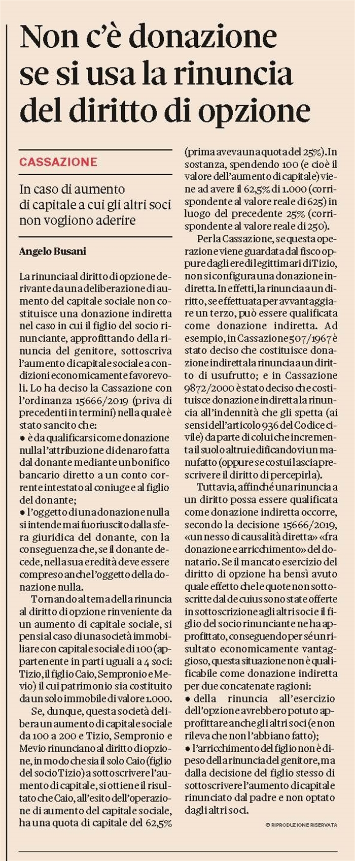 SOCIETA' - Rinuncia a diritto di opzione per aumento di capitale e donazione indiretta 