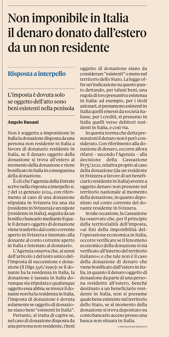 IMPOSTA DI DONAZIONE - Denaro donato all'estero