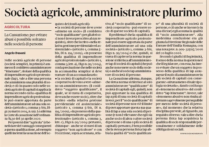 SOCIETA' AGRICOLA - Ammesso l'amministratore "itinerante"
