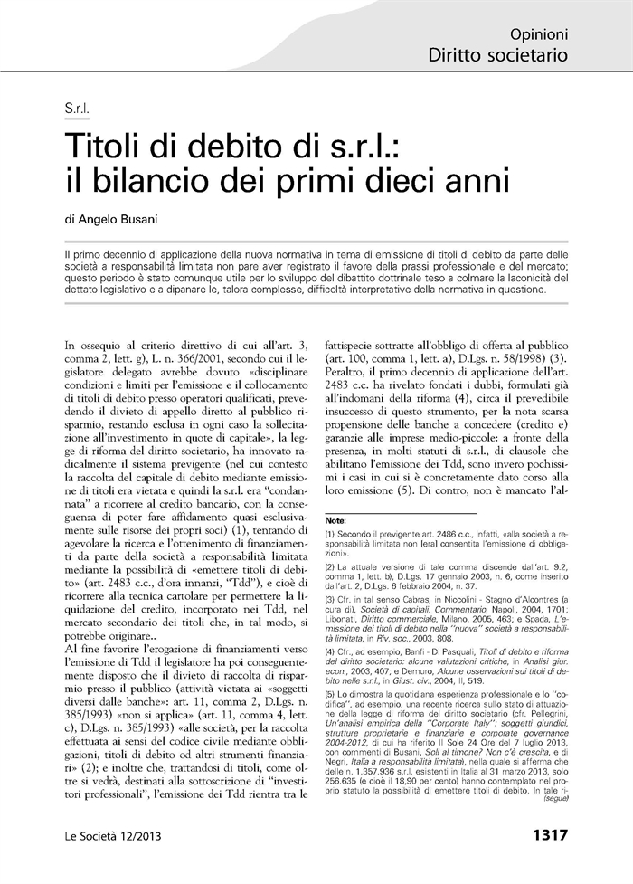 SOCIETA' - Titoli di debito nella Srl